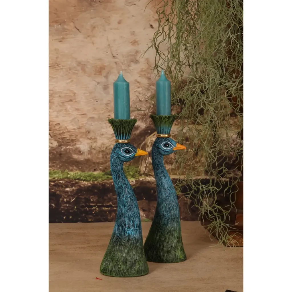 Bougeoir Paon 20,5 cm - Bleu - Résine 1U