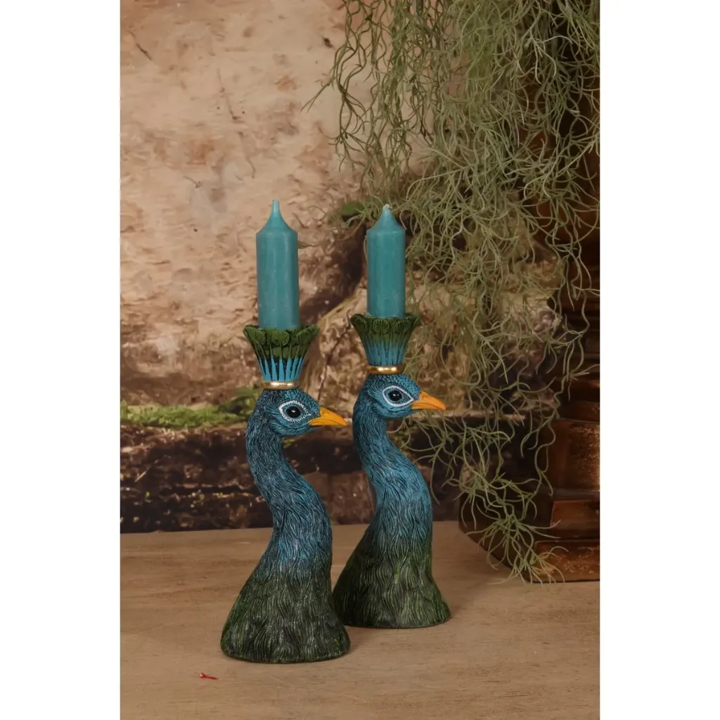 Bougeoir Paon 16,5 cm - Bleu - Résine